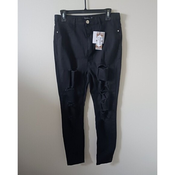 Boohoo Jeans Distressed Straight Leg High Rise Stretch Black Size 12 NWT - Picture 1 of 8